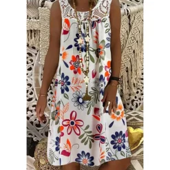 Discount Women's Shift Dress Knee Length Dress Black Army Green Fuchsia Navy Blue Sleeveless Floral Print Spring Summer Round Neck Hot Casual Boho Loose 2023 M L XL XXL 3XL 4XL 5XL Women Vacation Dresses