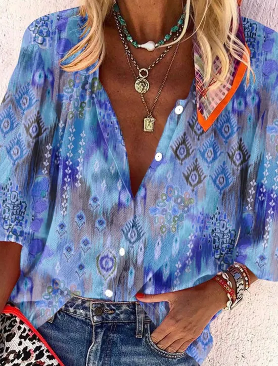 Discount Women's Shirt Basic Buttons Print Long Sleeve Regular Tops Casual Pink Blue Green Spring Fall Women Spring Tops