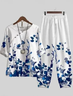 Online Women's Shirt Basic Pants Sets Half Sleeve Round Neck Floral Graphic Geometric Print Holiday Weekend Black Royal Blue Blue Summer Regular Fit Women Two Piece Sets