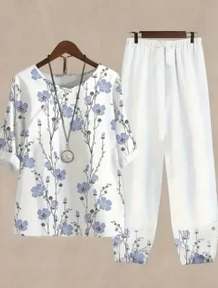 Online Women's Shirt Basic Pants Sets Half Sleeve Round Neck Floral Graphic Geometric Print Holiday Weekend Black Royal Blue Blue Summer Regular Fit Women Two Piece Sets