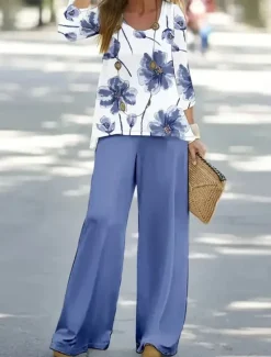 Women's Shirt Blouse 3/4 Length Sleeve U Neck Floral Graphic Print Outdoor Vacation Casual White Blue Purple Summer Loose Fit Women Two Piece Sets