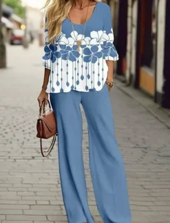 Women's Shirt Blouse 3/4 Length Sleeve U Neck Floral Graphic Print Outdoor Vacation Casual White Blue Purple Summer Loose Fit Women Two Piece Sets