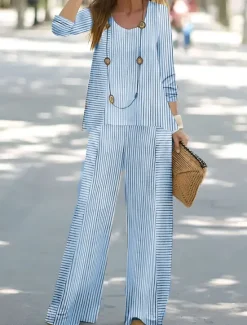 Hot Women's Shirt Blouse 3/4 Length Sleeve Round Neck U Neck Graphic Striped Print Outdoor Vacation Casual Pink Blue Green Summer Regular Fit Women Two Piece Sets