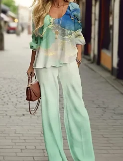 New Women's Shirt Blouse 3/4 Length Sleeve Round Neck U Neck Ombre Graphic Print Outdoor Vacation Casual Pink Blue Clover Summer Loose Fit Women Two Piece Sets