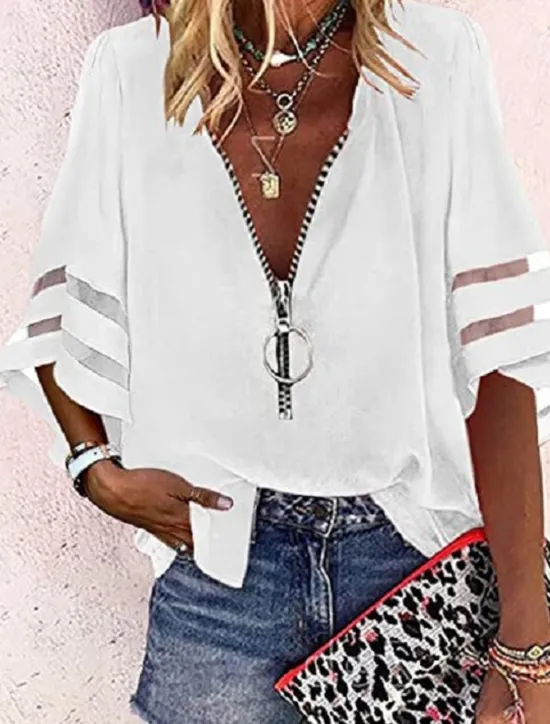 Discount Women's Shirt Blouse Black White Yellow Plain Striped Zipper 3/4 Length Sleeve Daily Holiday Basic Business Casual V Neck S Women Blouses & Shirts