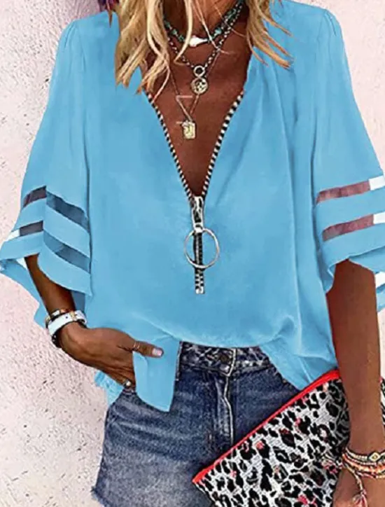Discount Women's Shirt Blouse Black White Yellow Plain Striped Zipper 3/4 Length Sleeve Daily Holiday Basic Business Casual V Neck S Women Blouses & Shirts