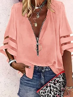 Discount Women's Shirt Blouse Black White Yellow Plain Striped Zipper 3/4 Length Sleeve Daily Holiday Basic Business Casual V Neck S Women Blouses & Shirts