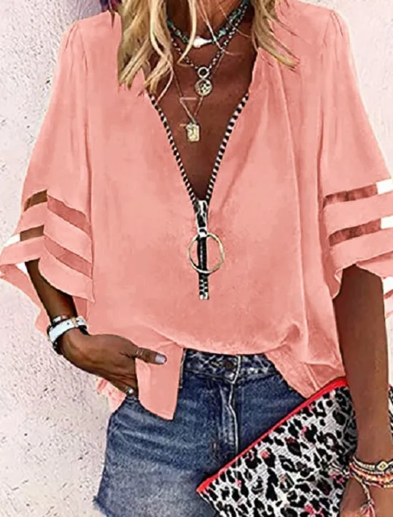 Discount Women's Shirt Blouse Black White Yellow Plain Striped Zipper 3/4 Length Sleeve Daily Holiday Basic Business Casual V Neck S Women Blouses & Shirts