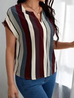 Online Women's Shirt Blouse Casual Striped Print Short Sleeve Regular Tops V Neck Daily Pink Wine Khaki Summer Women Blouses & Shirts