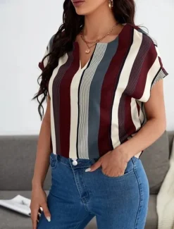 Online Women's Shirt Blouse Casual Striped Print Short Sleeve Regular Tops V Neck Daily Pink Wine Khaki Summer Women Blouses & Shirts