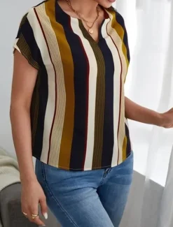 Online Women's Shirt Blouse Casual Striped Print Short Sleeve Regular Tops V Neck Daily Pink Wine Khaki Summer Women Blouses & Shirts