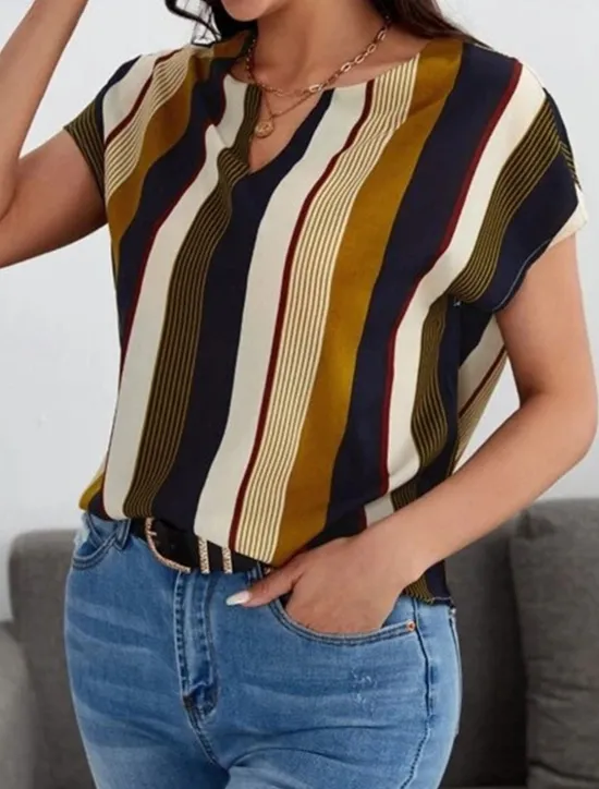 Online Women's Shirt Blouse Casual Striped Print Short Sleeve Regular Tops V Neck Daily Pink Wine Khaki Summer Women Blouses & Shirts