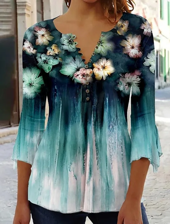 Discount Women's Shirt Blouse Casual Floral Buttons Print 3/4 Length Sleeve Regular Tops Crew Neck Vacation Daily Blue Green Light Blue Spring & Summer Women Spring Tops