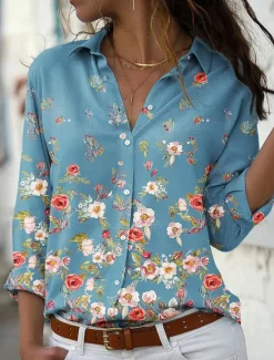 Discount Women's Shirt Blouse Casual Floral Buttons Print Long Sleeve Regular Tops Shirt Collar Vacation Daily Blue Green Spring & Fall Women Spring Tops
