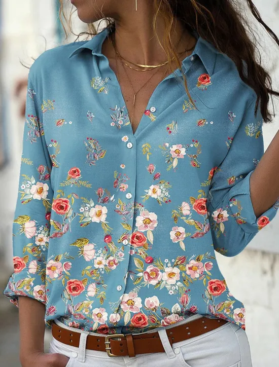 Discount Women's Shirt Blouse Casual Floral Buttons Print Long Sleeve Regular Tops Shirt Collar Vacation Daily Blue Green Spring & Fall Women Spring Tops