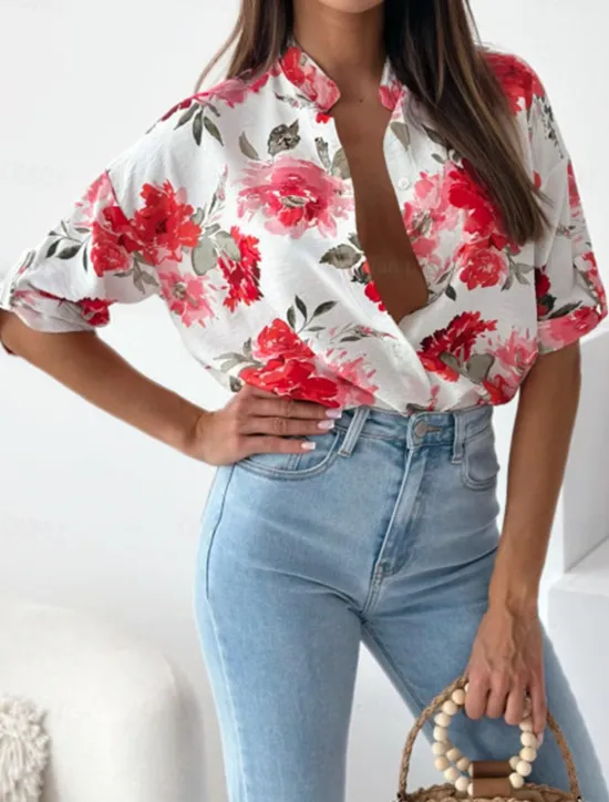 Clearance Women's Shirt Blouse Casual Floral Buttons Print 3/4 Length Sleeve Regular Tops Shirt Collar Vacation Daily Red Blue Spring & Summer Women Spring Tops