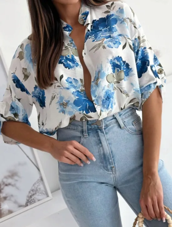 Clearance Women's Shirt Blouse Casual Floral Buttons Print 3/4 Length Sleeve Regular Tops Shirt Collar Vacation Daily Red Blue Spring & Summer Women Spring Tops