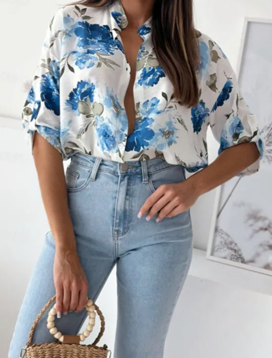 Clearance Women's Shirt Blouse Casual Floral Buttons Print 3/4 Length Sleeve Regular Tops Shirt Collar Vacation Daily Red Blue Spring & Summer Women Spring Tops