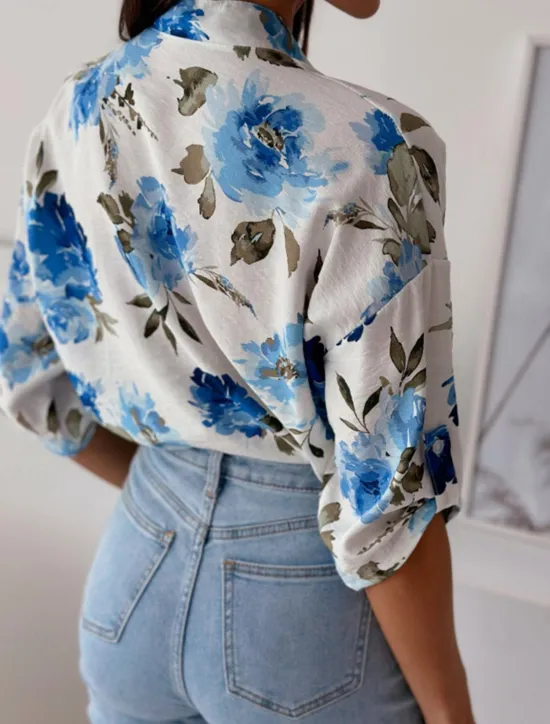 Clearance Women's Shirt Blouse Casual Floral Buttons Print 3/4 Length Sleeve Regular Tops Shirt Collar Vacation Daily Red Blue Spring & Summer Women Spring Tops