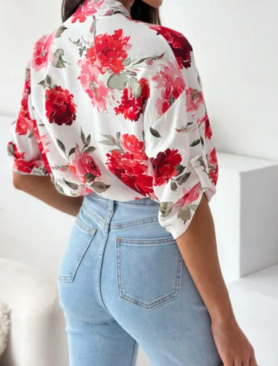 Clearance Women's Shirt Blouse Casual Floral Buttons Print 3/4 Length Sleeve Regular Tops Shirt Collar Vacation Daily Red Blue Spring & Summer Women Spring Tops