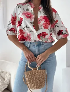 Clearance Women's Shirt Blouse Casual Floral Buttons Print 3/4 Length Sleeve Regular Tops Shirt Collar Vacation Daily Red Blue Spring & Summer Women Spring Tops