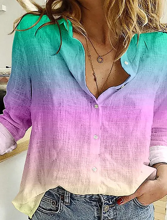 Outlet Women's Shirt Blouse Casual Buttons Print Long Sleeve Regular Tops Shirt Collar Vacation Daily Pink Blue Green Spring & Summer Women Blouses & Shirts