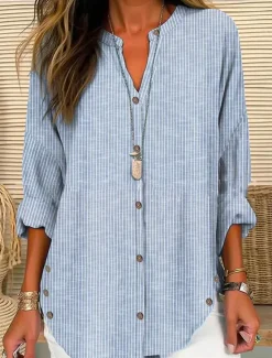 Sale Women's Shirt Blouse Casual Striped Buttons Print Long Sleeve Regular Tops V Neck Vacation Daily Spring & Summer Women Blouses & Shirts
