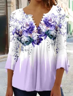 Discount Women's Shirt Blouse Casual Floral Buttons Print 3/4 Length Sleeve Regular Tops Crew Neck Vacation Daily Pink Blue Purple Spring & Summer Women Spring Tops
