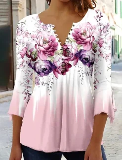 Discount Women's Shirt Blouse Casual Floral Buttons Print 3/4 Length Sleeve Regular Tops Crew Neck Vacation Daily Pink Blue Purple Spring & Summer Women Spring Tops