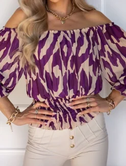 Outlet Women's Shirt Blouse Casual Print Long Sleeve Regular Tops Off Shoulder Daily Spring & Summer Women Blouses & Shirts