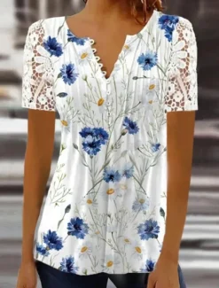 Women's Shirt Blouse Casual Floral Lace Buttons Print Short Sleeve Regular Tops Crew Neck Vacation Daily Pink Blue Green Summer Women Spring Tops