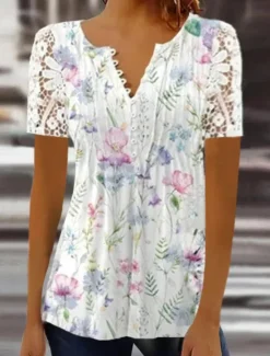 Women's Shirt Blouse Casual Floral Lace Buttons Print Short Sleeve Regular Tops Crew Neck Vacation Daily Pink Blue Green Summer Women Spring Tops
