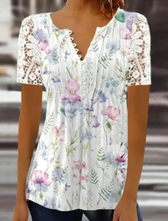 Women's Shirt Blouse Casual Floral Lace Buttons Print Short Sleeve Regular Tops Crew Neck Vacation Daily Pink Blue Green Summer Women Spring Tops