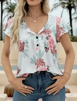 Sale Women's Shirt Blouse Casual Floral Buttons Print Short Sleeve Regular Tops Crew Neck Vacation Daily Black White Green Summer Women Spring Tops