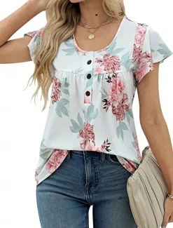 Sale Women's Shirt Blouse Casual Floral Buttons Print Short Sleeve Regular Tops Crew Neck Vacation Daily Black White Green Summer Women Spring Tops