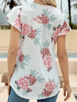 Sale Women's Shirt Blouse Casual Floral Buttons Print Short Sleeve Regular Tops Crew Neck Vacation Daily Black White Green Summer Women Spring Tops