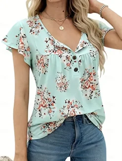Sale Women's Shirt Blouse Casual Floral Buttons Print Short Sleeve Regular Tops Crew Neck Vacation Daily Black White Green Summer Women Spring Tops