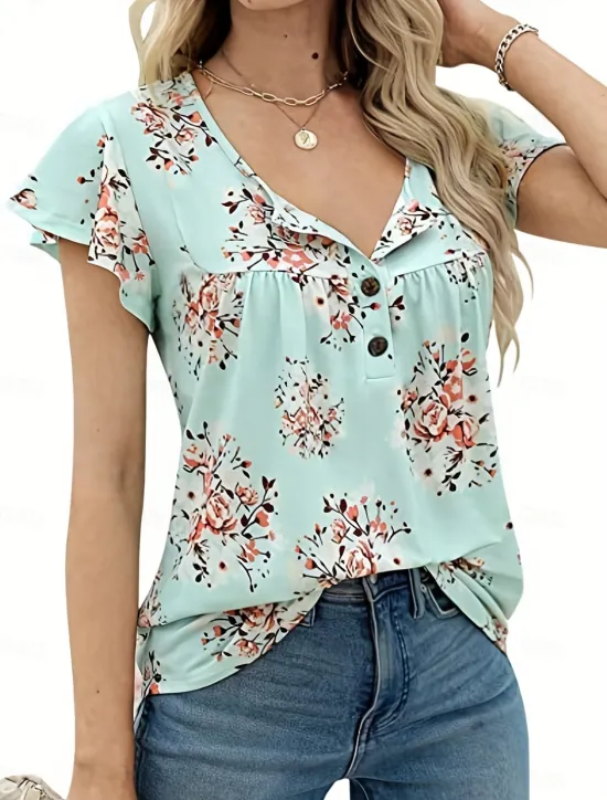 Sale Women's Shirt Blouse Casual Floral Buttons Print Short Sleeve Regular Tops Crew Neck Vacation Daily Black White Green Summer Women Spring Tops