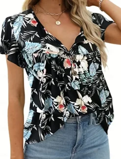 Sale Women's Shirt Blouse Casual Floral Buttons Print Short Sleeve Regular Tops Crew Neck Vacation Daily Black White Green Summer Women Spring Tops