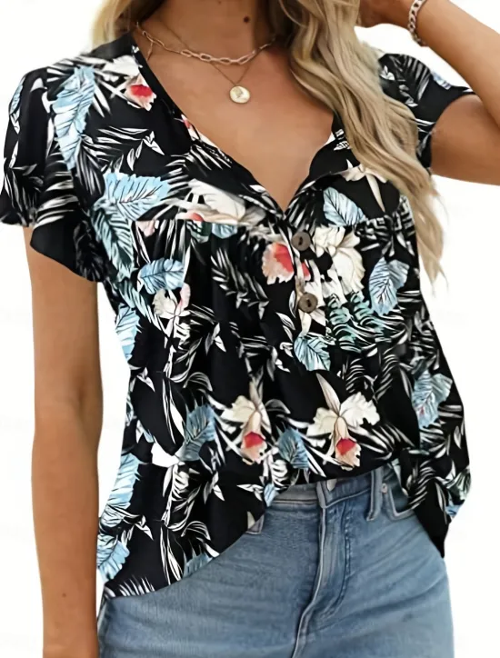 Sale Women's Shirt Blouse Casual Floral Buttons Print Short Sleeve Regular Tops Crew Neck Vacation Daily Black White Green Summer Women Spring Tops