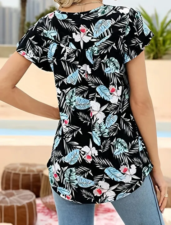 Sale Women's Shirt Blouse Casual Floral Buttons Print Short Sleeve Regular Tops Crew Neck Vacation Daily Black White Green Summer Women Spring Tops