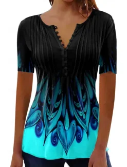 Sale Women's Shirt Blouse Casual Floral Buttons Print Short Sleeve Regular Tops Crew Neck Vacation Daily Black White Pink Blue Summer Women Spring Tops