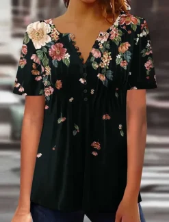 Sale Women's Shirt Blouse Casual Floral Buttons Print Short Sleeve Regular Tops Crew Neck Vacation Daily Black White Pink Blue Summer Women Spring Tops