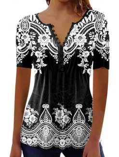 Sale Women's Shirt Blouse Casual Floral Buttons Print Short Sleeve Regular Tops Crew Neck Vacation Daily Black White Pink Blue Summer Women Spring Tops