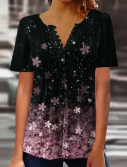 Sale Women's Shirt Blouse Casual Floral Buttons Print Short Sleeve Regular Tops Crew Neck Vacation Daily Black White Pink Blue Summer Women Spring Tops