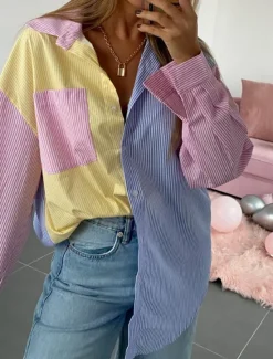 Online Women's Shirt Blouse Casual Color Block Striped Buttons Pocket Print Long Sleeve Regular Tops Shirt Collar Daily Pink Blue Spring & Summer Women Blouses & Shirts