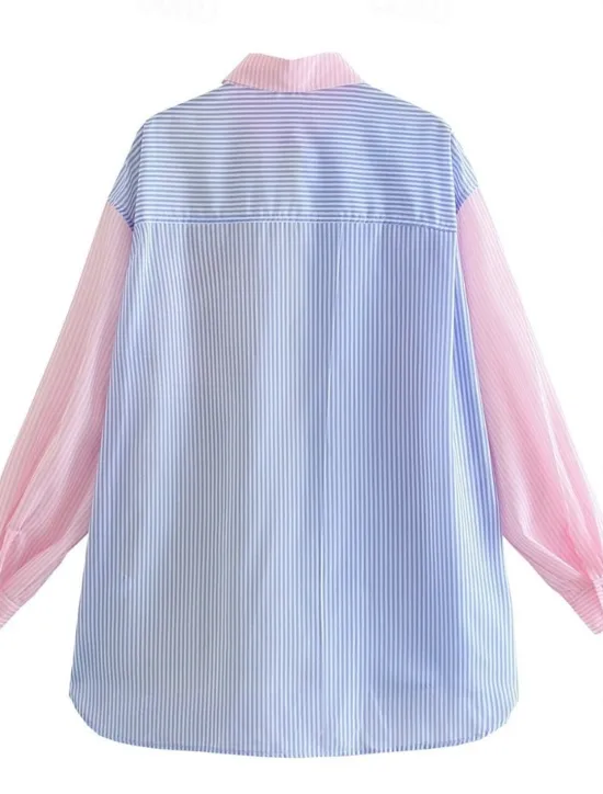Online Women's Shirt Blouse Casual Color Block Striped Buttons Pocket Print Long Sleeve Regular Tops Shirt Collar Daily Pink Blue Spring & Summer Women Blouses & Shirts