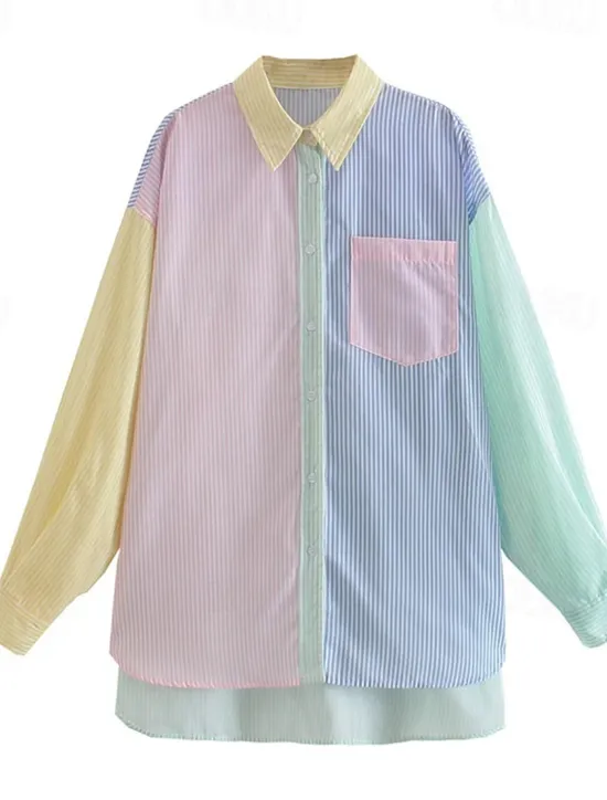 Online Women's Shirt Blouse Casual Color Block Striped Buttons Pocket Print Long Sleeve Regular Tops Shirt Collar Daily Pink Blue Spring & Summer Women Blouses & Shirts