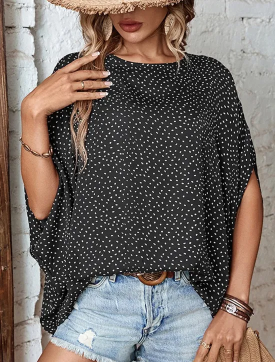 Discount Women's Shirt Blouse Casual Polka Dot Print Batwing Sleeve Short Sleeve Regular Tops Crew Neck Daily Summer Women Blouses & Shirts