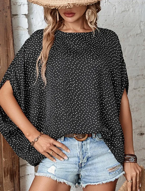 Discount Women's Shirt Blouse Casual Polka Dot Print Batwing Sleeve Short Sleeve Regular Tops Crew Neck Daily Summer Women Blouses & Shirts